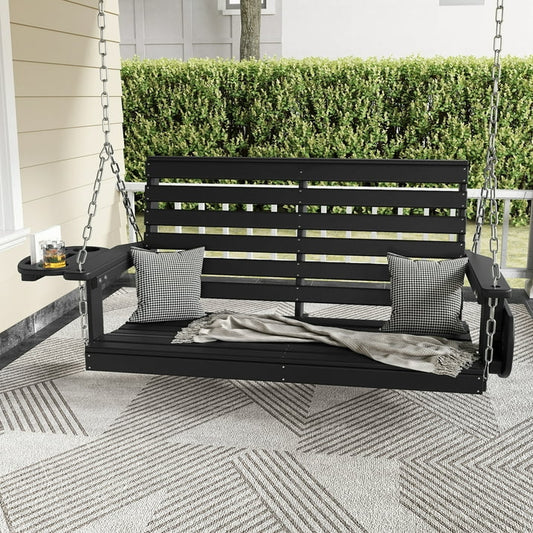 FOOWIN Outdoor Porch Swing, HDPE Patio Hanging Porch Swing with Cup Holder, Black