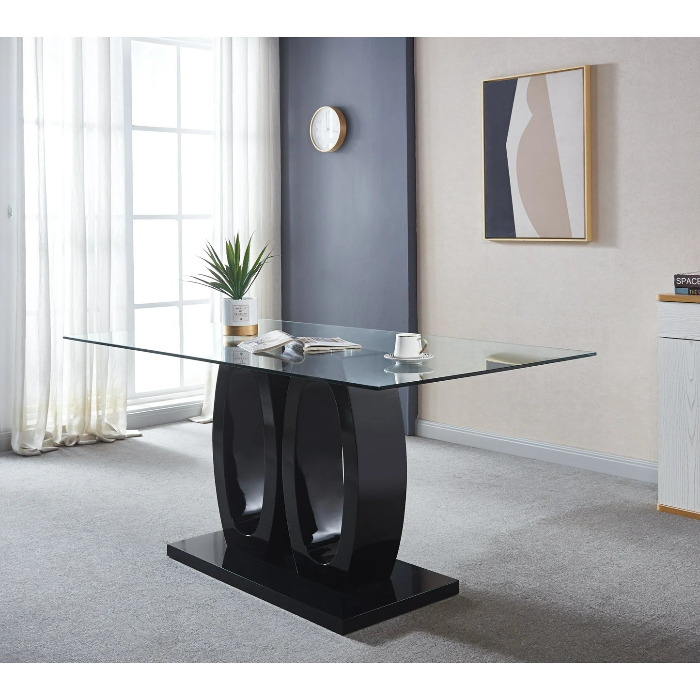 Sumdeal Contemporary 5-Piece Dining Table Set - 63" Tempered Glass Table with Black Double Pedestal Base & 4 Black Velvet Tufted Dining Chairs