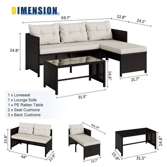 Carpet Wicker Patio Furniture Sets Outdoor Sectional Sofa Couch Patio Conversation Set with Table Cushion Beige