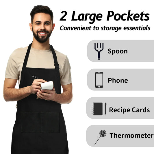Aovky 2 Pack Chef Apron, Adjustable Bib Apron for Cooking with 2 Pockets Water and Oil Resistant Kitchen Apron for Women Men Crafting BBQ Drawing, Black