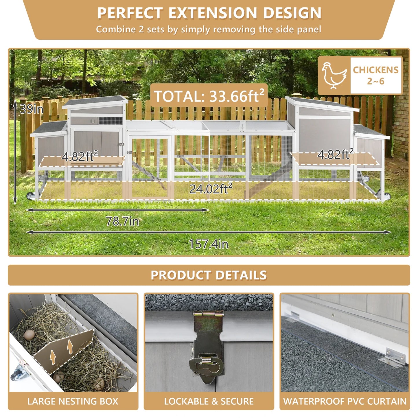 PETSCOSSET Chicken Coop with Run, Wooden Chicken House with Wheels Backyard Hen House Poultry Cage for 1-3 Chickens
