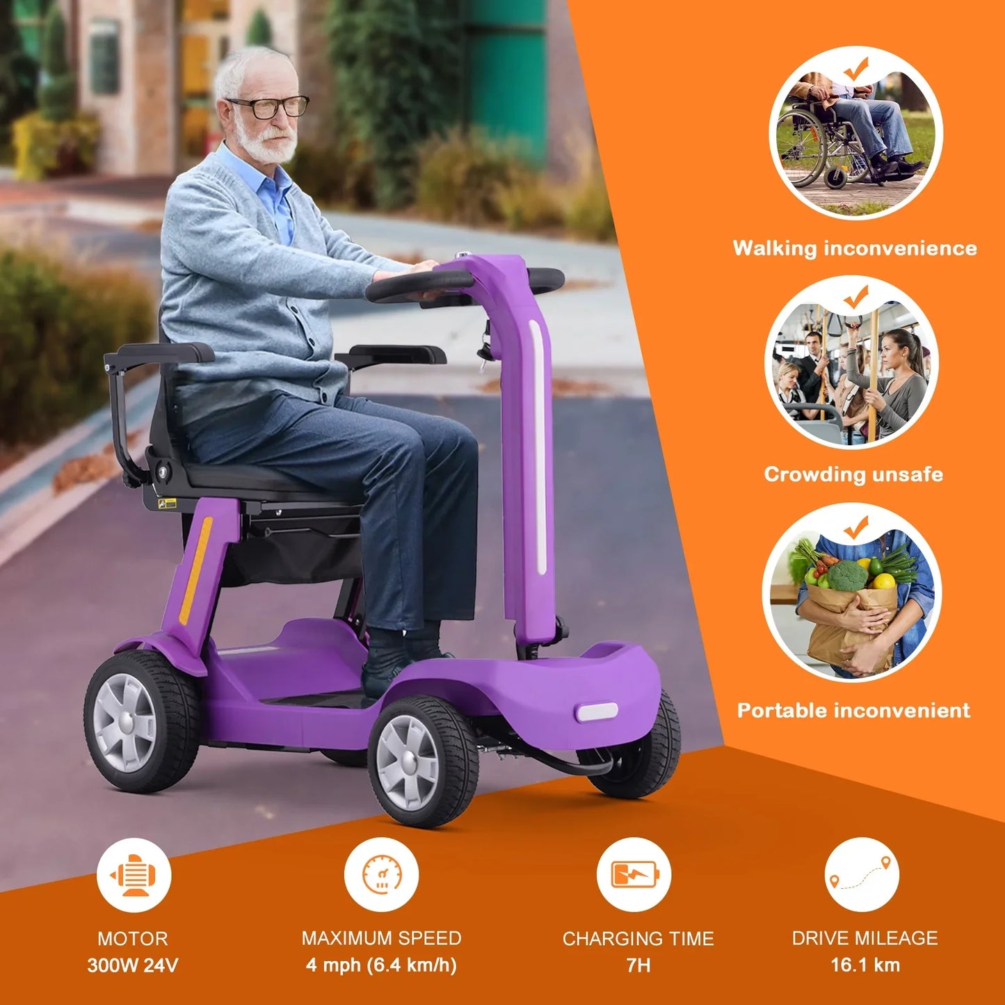 4 Wheels Mobility Scooter for Adults Senior, Foldable Lightweight Powered Device for Travel, with LED Strip Light, Storage Bag, Charger Included, No Assemble Required (Purple)