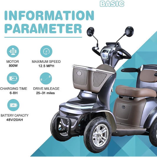 4 Wheel Electric Powered Mobility Scooter Wheelchair for Adults Seniors Pre Assembled in USA, 500lbs Capacity, 25 31 Miles Range, 3 Speed Up to 15 MPH, 800W Motor Power (Brown)