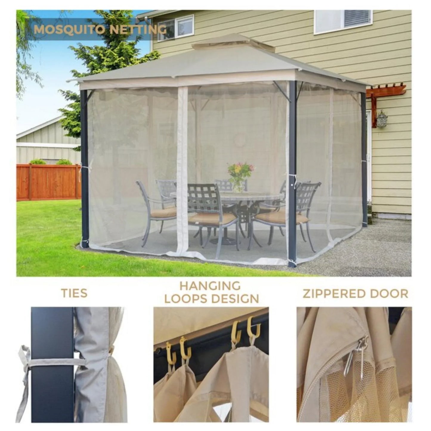 10'x10' Patio Gazebo with Mosquito Netting and Curtains, Outdoor Double Soft Roof Gazebo with Rust-Resistant Metal Frame, Waterproof and UV Protection, Gazebo Canopy for Backyard Garden Lawn, Beige