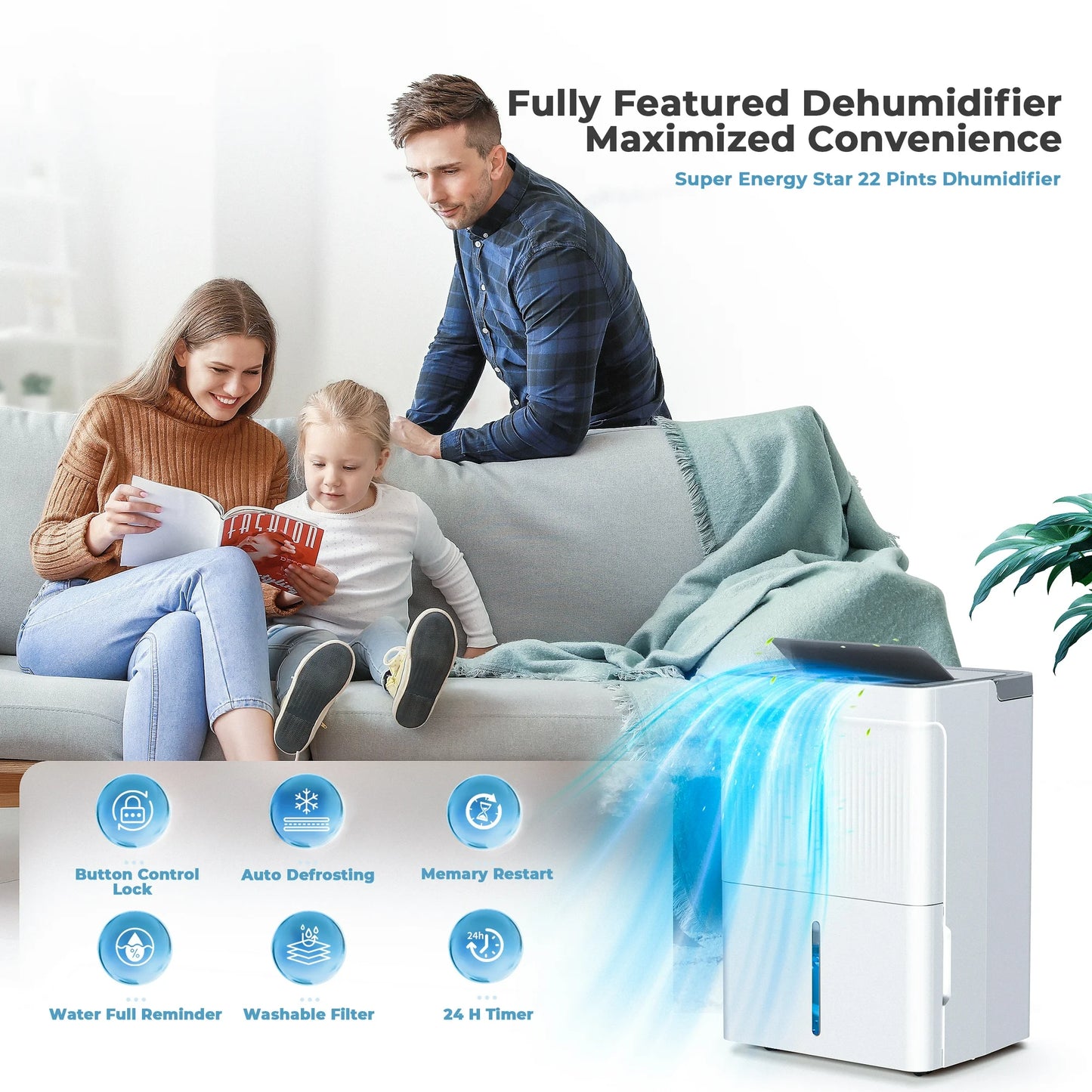 KISSAIR 32 Pint Dehumidifier with Drain Hose 3000 sq ft Coverage Area with Auto Defrost, Timer