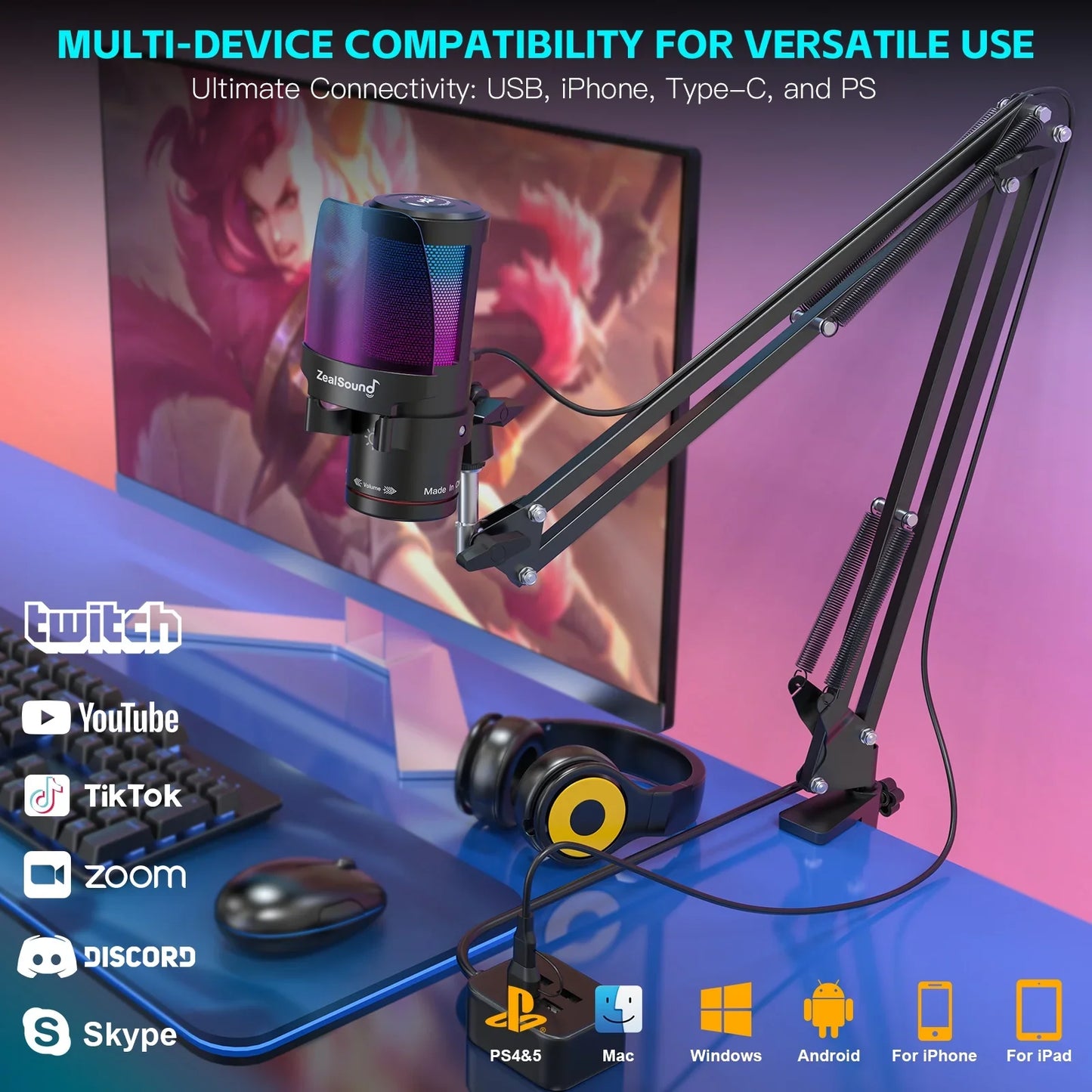 ZealSound Gaming USB Microphone,Noise Cancellation Condenser mic with Touch Mute,Gain,Monitoring,Boom Arm for Streaming,Podcast,Twitch,YouTube,Discord,iPhone,iPad,PC,Computer,PS4,PS5,Mac,GamerWave
