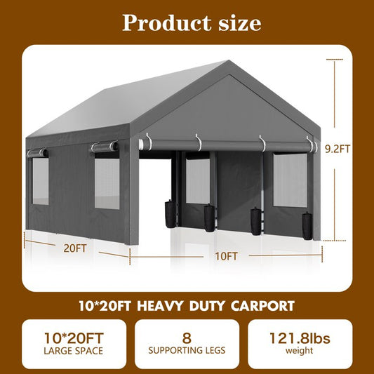Carpet Carport 10'x20' Large Heavy Duty Car Tent with Powder-Coated Steel Frame, Portable Garage with Removable Sidewalls & Doors Car Canopy, Gray