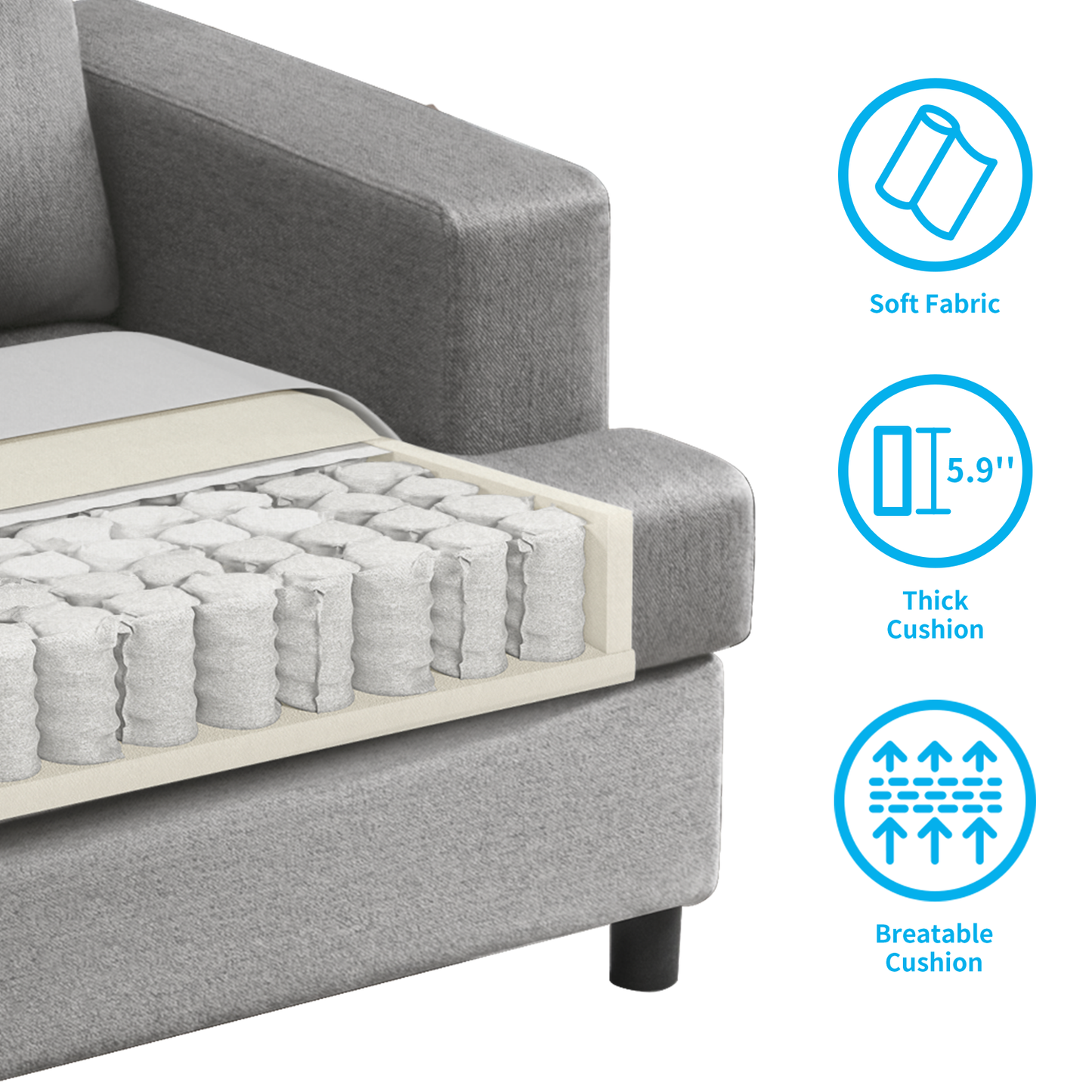 Mjkone 2 Piece Upholstered Living Room Sofa Set, Sectional Sofa Couch, Linen Furniture Sets Including 3-Seater Sofa and Single Sofa Chair for Apartment/Living Room/Bedroom (Light Grey)