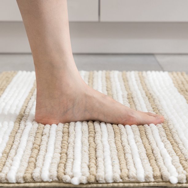 Ultra Soft Chenille Bathroom Rug, Dry Fast Non Slip Bathmat, Off White 17 x 24 + 20 x 30 inches,2 Pack