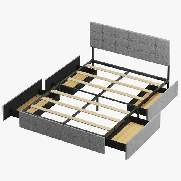 Mjkone Platform Bed Frame with 4 Storage Drawers, Upholstered King Size Bed Frame with Square Button Tufted Adjustable Headboard, Wood Slat Support/ No Box Spring Needed/ No Mattress (King, Dark Grey)