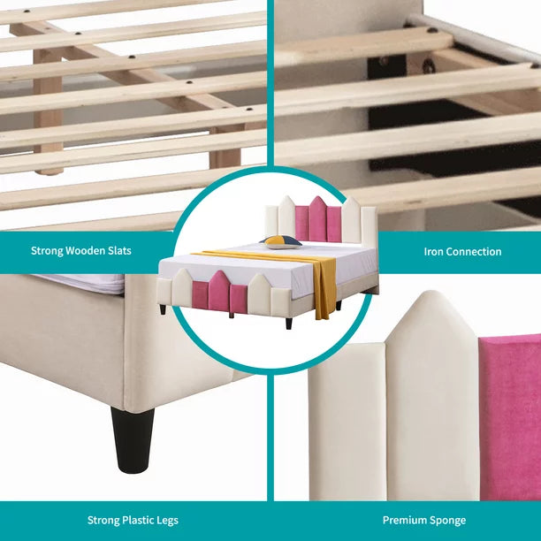 Mjkone Full Size Kids Bed, Children Upholstered Twin Platform Bed Frame with Headboard, Pink and White Toddler Bed for Boys & Girls, Teens, No Box Spring Needed