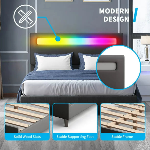 Mjkone Platform Bed Frame with Smart LED Strip Light, Queen Size Bed Frame with RGB LED Headboard, RGB LED Light Controlled by Alexa or APP, Queen Bed Frames Adjustable Lighting Effects(Queen, Black)