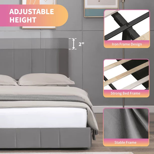 Mixoy Modern King Size Platform Bed Frame with 4 Large Storage Drawers and Adjustble Headboard, Wooden Frame , Dark Gray Dutch Velvet Fabric