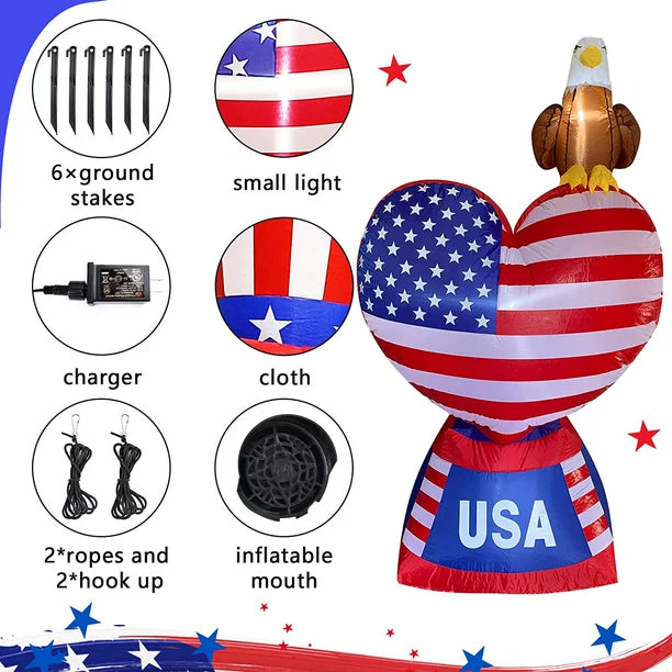 6 FT Patriotic Independence Day 4th of July Inflatable Love Heart with LED Lights American Flag and Eagle for Outdoor Indoor Lawn Yard Holiday Decoration Blow up Home Garden Decor