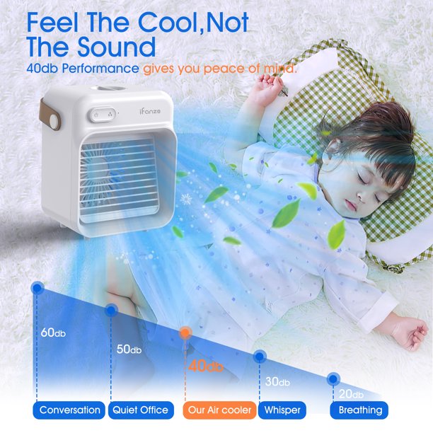 iFanze Portable Air Conditioner, Rechargeable Personal Cordless Air Cooler Quiet Desk Fan with 3 Speeds Small Air Conditioner Fan Mini Evaporative Cooler for Small Room Office Dorm and Outdoor (White)