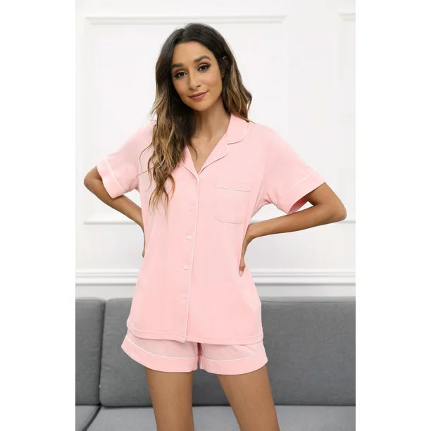 HEARTNICE Women Button up Pajama Set, Summer Lightweight Shorts Sleepwear Pjs Set,(Pink,L)