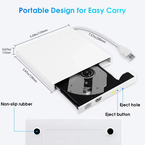 External CD DVD Drive for Laptop, Portable CD-ROM Drive DVD-ROM Player for Laptop Notebook PC Desktop Computer for Mac Windows 2000/XP/Vista/7/8/10
