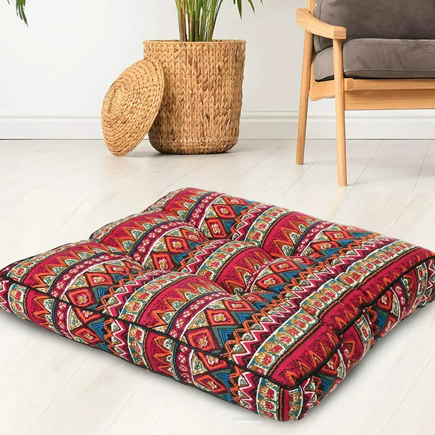 1PC Bohemian Outdoor Patio Chair Seat Pads, Square Floor Pillow, Kitchen Chair Seat Cushion Pads, Meditation Yoga Seating Cushion for Home Kitchen/Office/Garden Patio, 19.7" x 19.7" x 3.9"