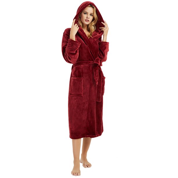 HEARTNICE Hooded Fleece Robe for Womens, Plush Bathrobe, House Coat, (Wine S-M)