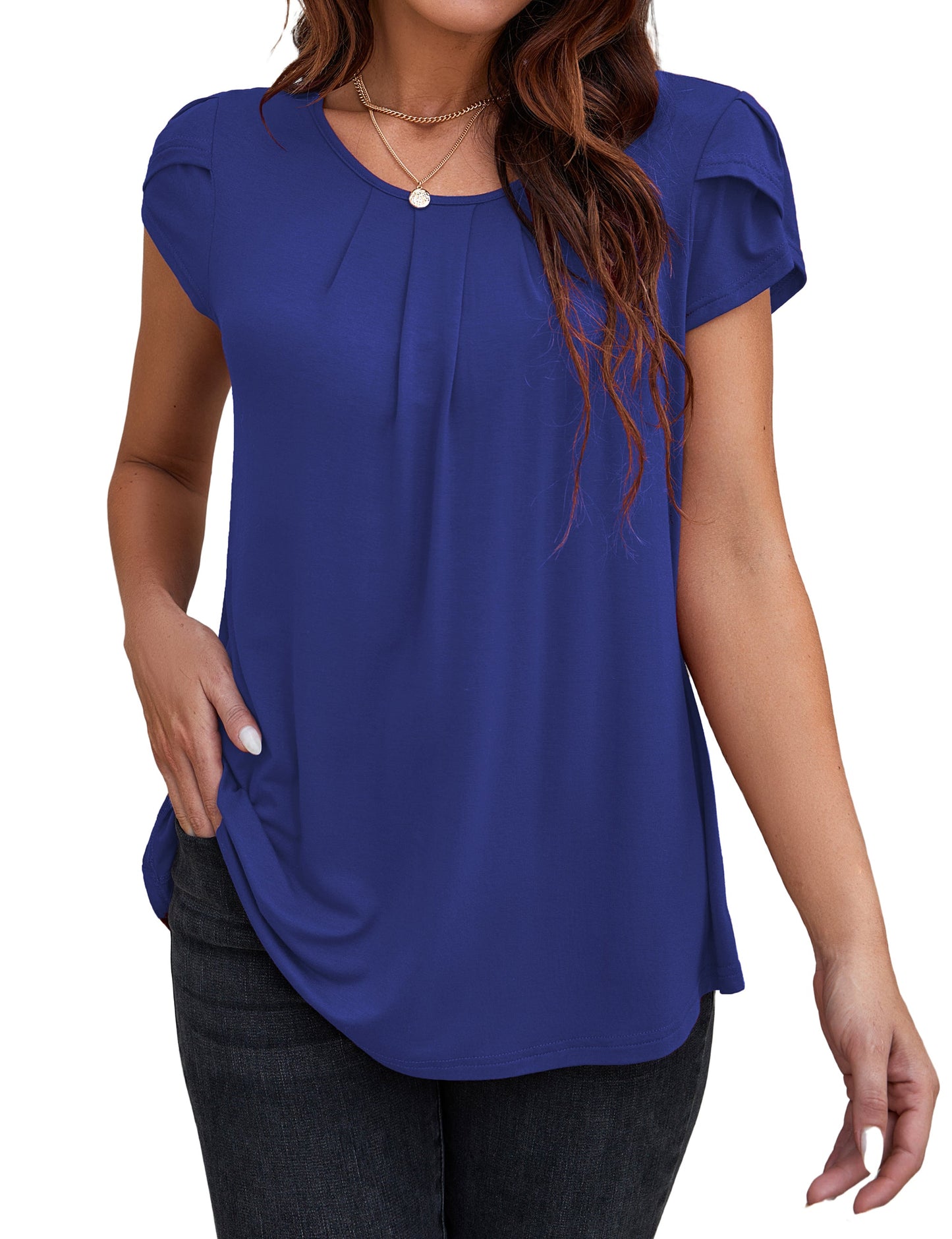VOIANLIMO Womens Casual Round Neck Basic Pleated Top Cap Sleeve Curved Keyhole Back Blouse S-2XL