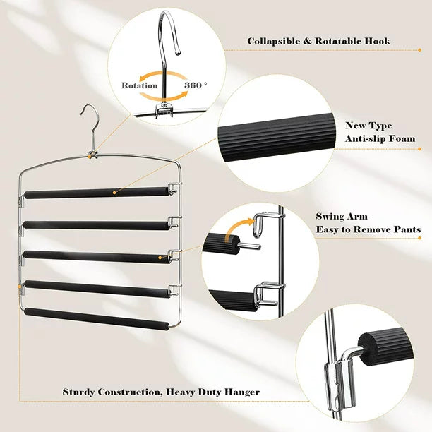 3 Pack Pants Hangers Space Saving, 5-Tier Pants Rack, Non-Slip Stainless Steel Hangers, Swing Arm Trousers Hanger, Closet Storage Organizer for Pants Jeans Trouser