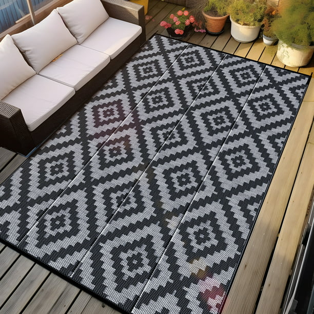 GOTGELIF 5x8 Outdoor Rug Waterproof Outdoor Area Rug Reversible Portable Outdoor Plastic Straw Rug Indoor Outdoor Carpet for Garden Porch RV Camping Mat Grey Black