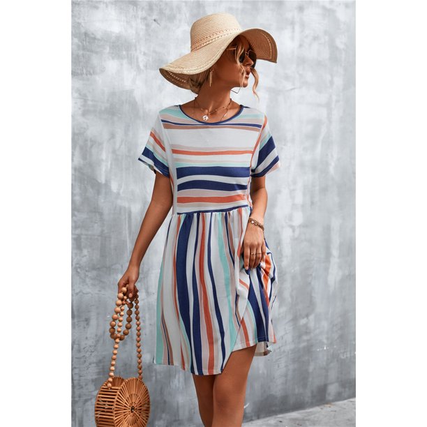 QINCAO Womens Dresses Stripe Summer Dresses for Women Casual Flowy Pleated Loose Dresses