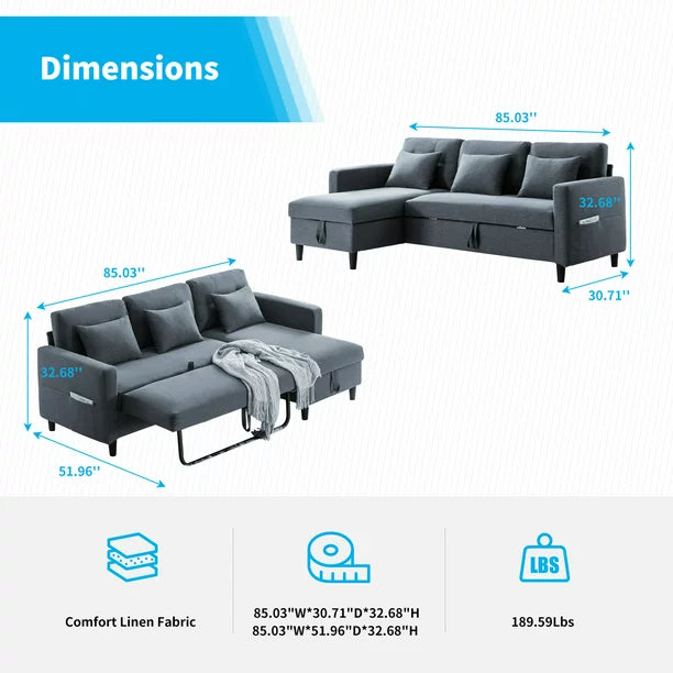 Mjkone Pull Out Sofa Bed, Convertible Sleeper Sofa with 3 Free Cushions, L Shaped Sofa Couch with Storage Chaise, Linen Fabric Sectional Couch Bed with 4 Storable Pockets for Living Room (Grey)