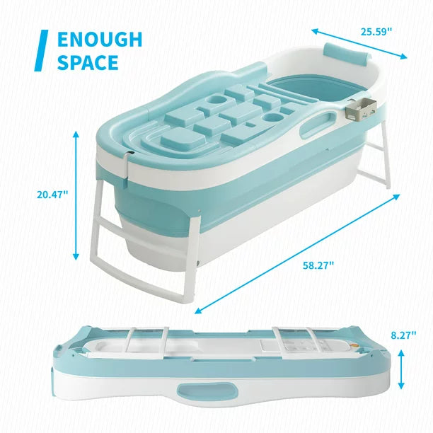 Mjkone Foldable Adult Bathtub with Lid,58 inches Large Portable Bathtub,Collapsible Temperature Maintenance Bathtub Shower for with Body Bath Pillow, Massage Roller, Non-Slip,Blue
