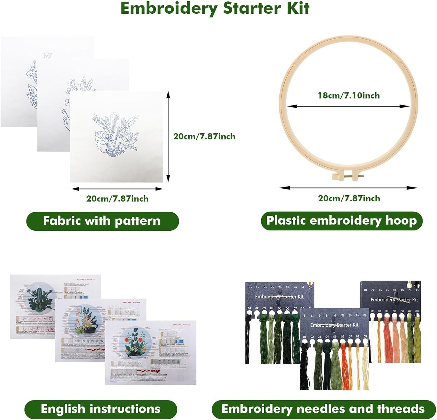 3 Pack Embroidery Kit for Beginners, Sewing Cross Stitch Starter Set Craft Stamped Cloth with Cute Cat Pattern Hoops Threads and Needles