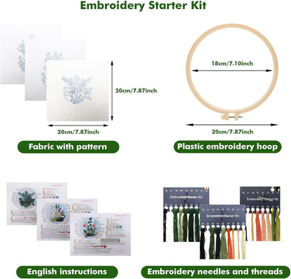 3 Pack Embroidery Kit for Beginners, Sewing Cross Stitch Starter Set Craft Stamped Cloth with Cute Cat Pattern Hoops Threads and Needles