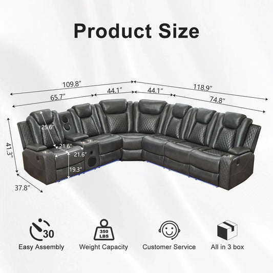 Othniel Power Reclining Sectional Couch with Bass Speaker,Wireless Charger,LED/Reading Light Gray