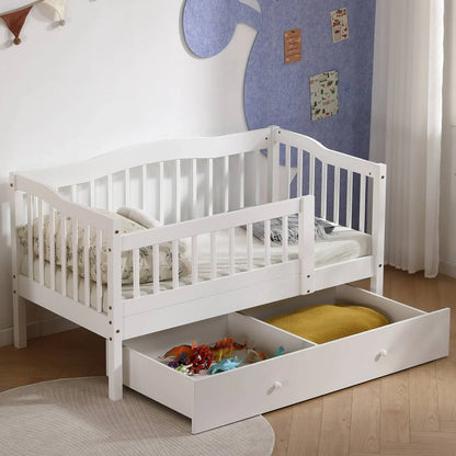 Zimtown Toddler Daybed, Wood Kids Day Bed Frame with Storage Drawer, Children Classic Sleeping Bedroom Furniture w/Safety Rail Fence (White)