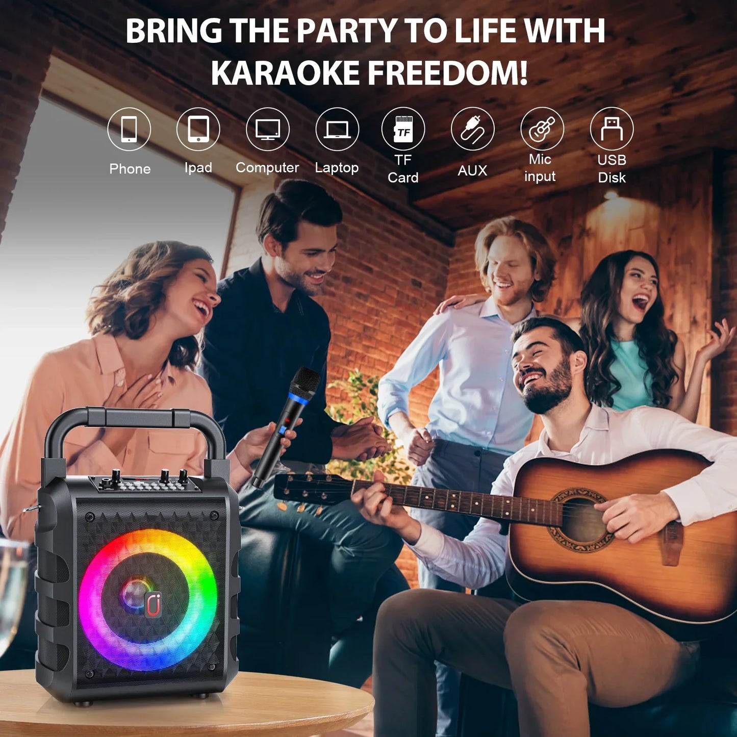 FanFun Karaoke Machine for Adult Kids, Bluethooth Karaoke Speaker with Microphone, Portable Party Speaker with Colorful DJ Light, Deep Bass Karaoke System, Supports USB/ TF card/ AUX-in