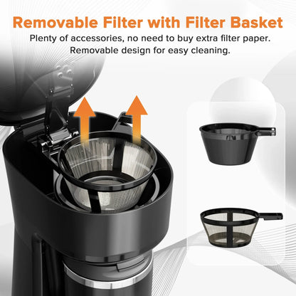 Auseo Mini Single Serve Coffee Maker Personal, 14Oz. Thermal Travel Mug with Stainless Steel Interior, Compatible with Coffee Grounds(Not Compatible with K-Cups), Reusable Filter, Black