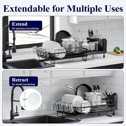 Large Dish Drying Rack - Extendable Dish Rack, Multifunctional Dish Rack for Kitchen Counter, Anti-Rust Drying Dish Rack with Cutlery & Cup Holders 19.2"-26.7" L x 12.9" W, Black