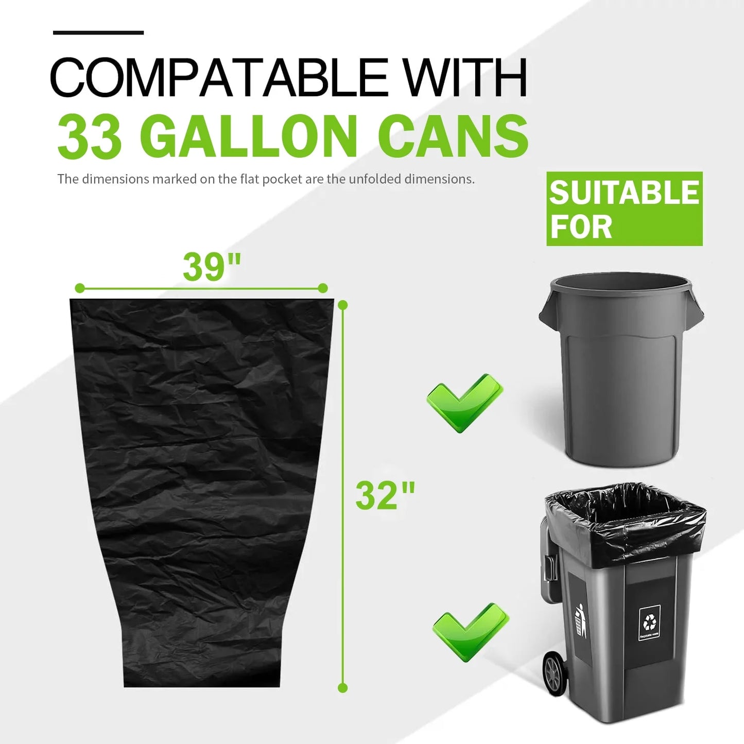 33 Gallon Trash Bags (75Count) ,33-35 Gallon Black Garbage Bags ,Garbage Can Liners with Tying Ropes