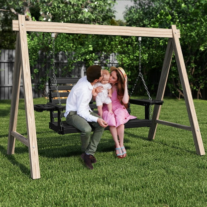FOOWIN Outdoor Porch Swing, HDPE Patio Hanging Porch Swing with Cup Holder, Black