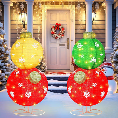 FOOWIN 3pc Lighted Christmas Ornament Set – Outdoor Holiday Decor with Warm White LED Lights, Weatherproof Metal Frame, Easy Assembly for Yard, Porch, Patio – Red, Yellow & Green