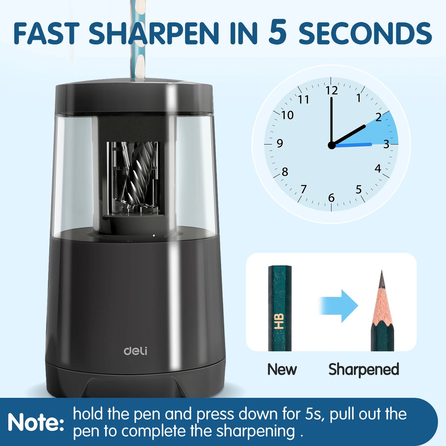 Deli Electric Pencil Sharpener, Automatic Pencil Sharpeners for No.2 Pencils Colored Pencils with Adjustable Thickness & Auto Stop, Office Supplies, Black