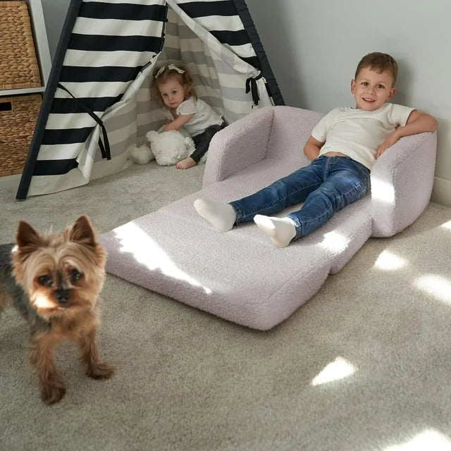 Fold-Out Toddler Couch, 2-in-1 Toddler Soft Couch Fold Out, Extra Wider Seating Convertible Sofa to Lounger for Girls and Boys