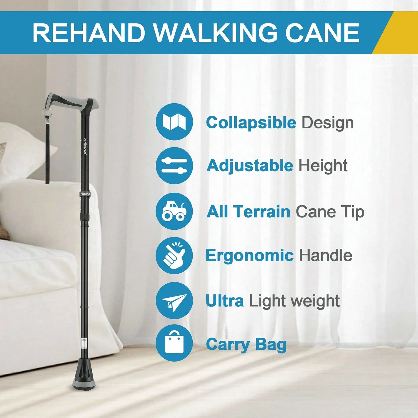 REHAND Adjustable Foldable Walking Cane for Seniors  Lightweight Heavy Duty Canes with Non-Slip Grip, Collapsible Design (Black)