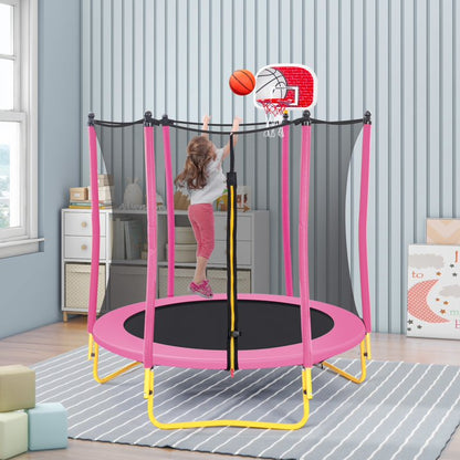 SHINPT 65  Outdoor  Indoor Mini Toddler Trampoline with Enclosure Net, Basketball Hoop and Ball Included, Entertainment Trampoline for Backyard, Patio