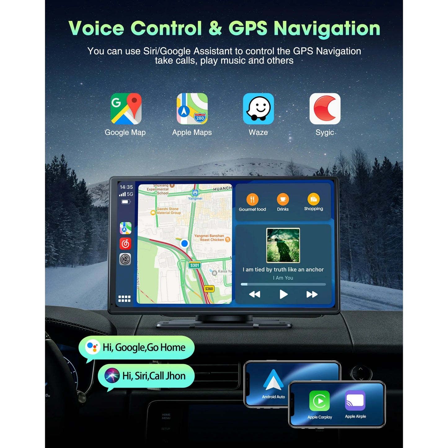 Lamtto Carplay Screen for Car,9-inch Portable Car Stereo Touchscreen with Apple CarPlay and Android Auto with Voice Control,Bluetooth,GPS Navigation for All Vehicles Balck
