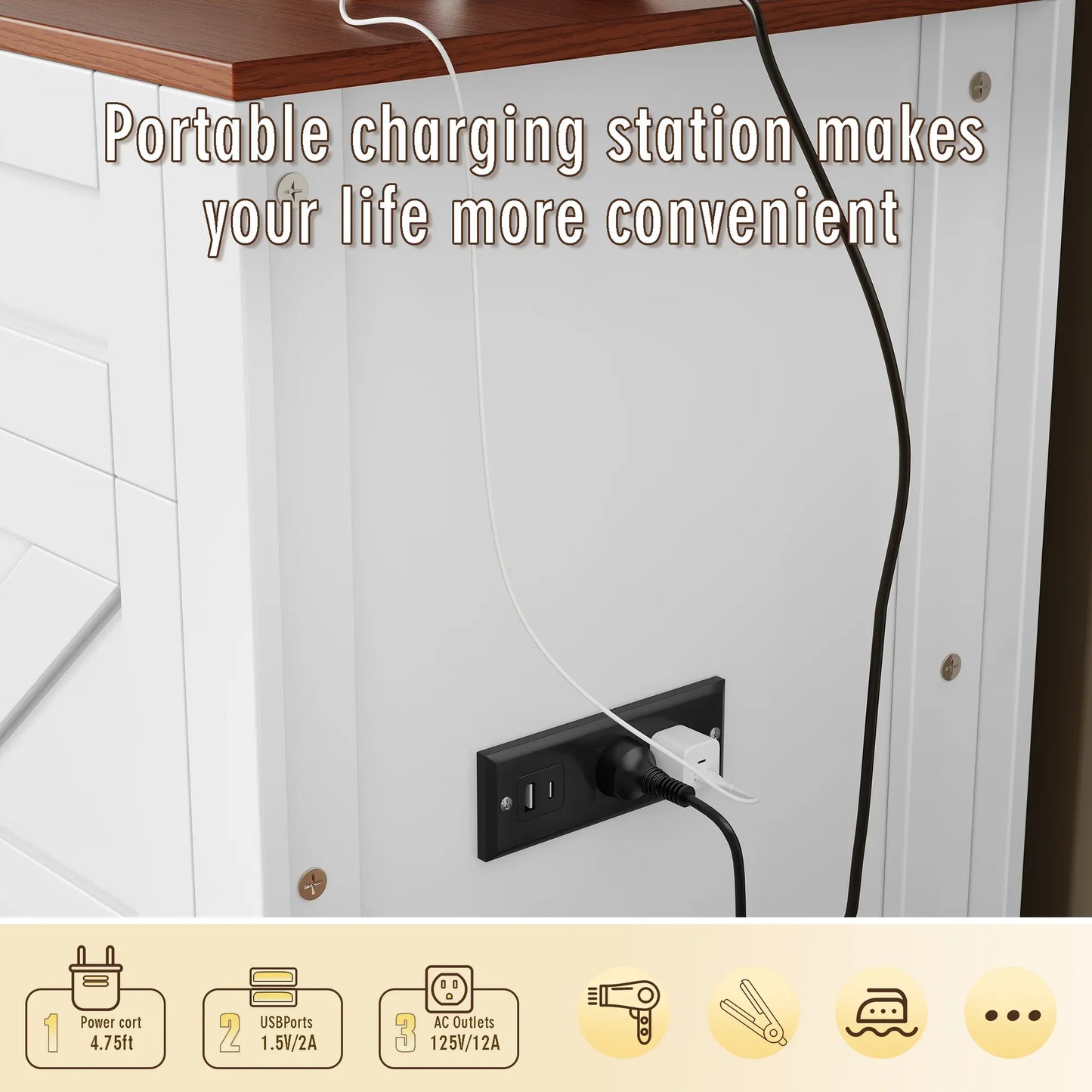 HSUNNS Large Vanity Desk with Mirror and Lights, Farmhouse Vanity Sets with Upholstered Stool, Makeup Table with Storage Cabinet and Drawers, Sliding Mirror, Charging Station, White