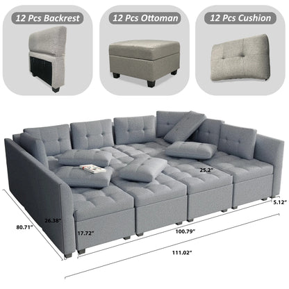 HYEASTR Modular Sectional Sofa with Storage Ottoman, 12 Seats Convertible Sofa with Adjustable Angle Armrest/Backrest, U Shape Sectional Couch Set, Sleeper Couch, Grey