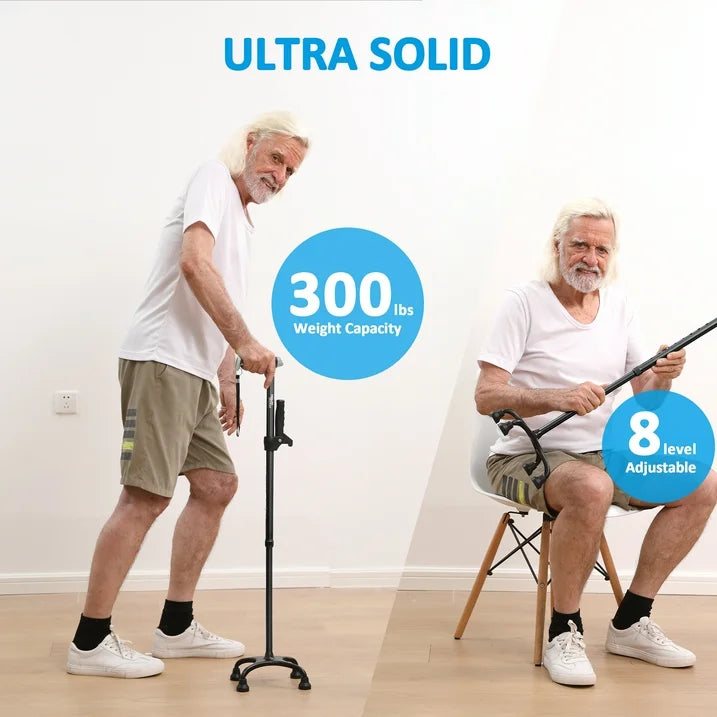 HEALTHBAZAAR Quad Cane Walking Cane for Women  Men for Balance Stability Adjustable Lightweight Walking Stick Black