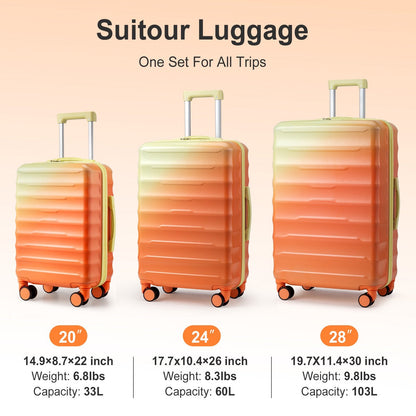 Zimtowm Luggage Sets 3 Piece Hardshell Gradient Color Suitcase with Spinner Wheels and TSA Lock Yellow Orange