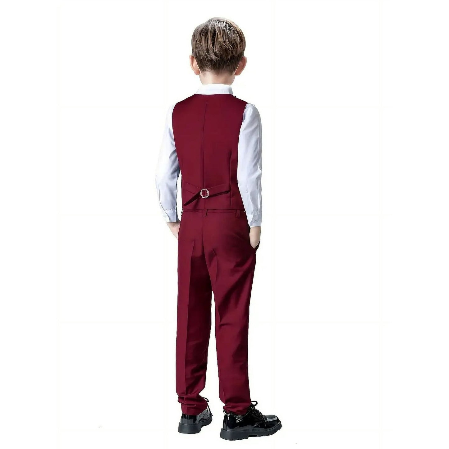 Wehilion Boys Suit 4PC Baby Suits Wedding Party Vest Suit Set Little Gentleman Waistcoat Prom Tuxedo Dress suit Outerwear Party Vest+Shirt+Tie+Pants Outfits Clothes Set for Kids Wine red 12