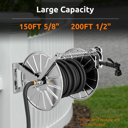 Efurden Stainless Steel Garden Hose Reel with 5ft Leader Hose, Heavy Duty and Large Capacity Metal Water Hose Reel Wall Mount with Crank Handle